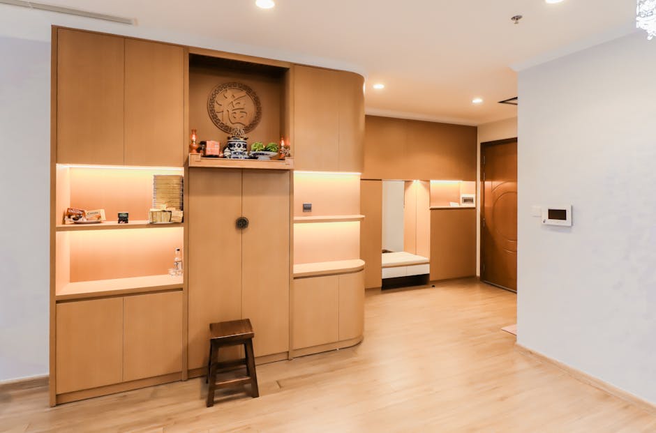 modern living room with custom wood built-ins and soft lighting