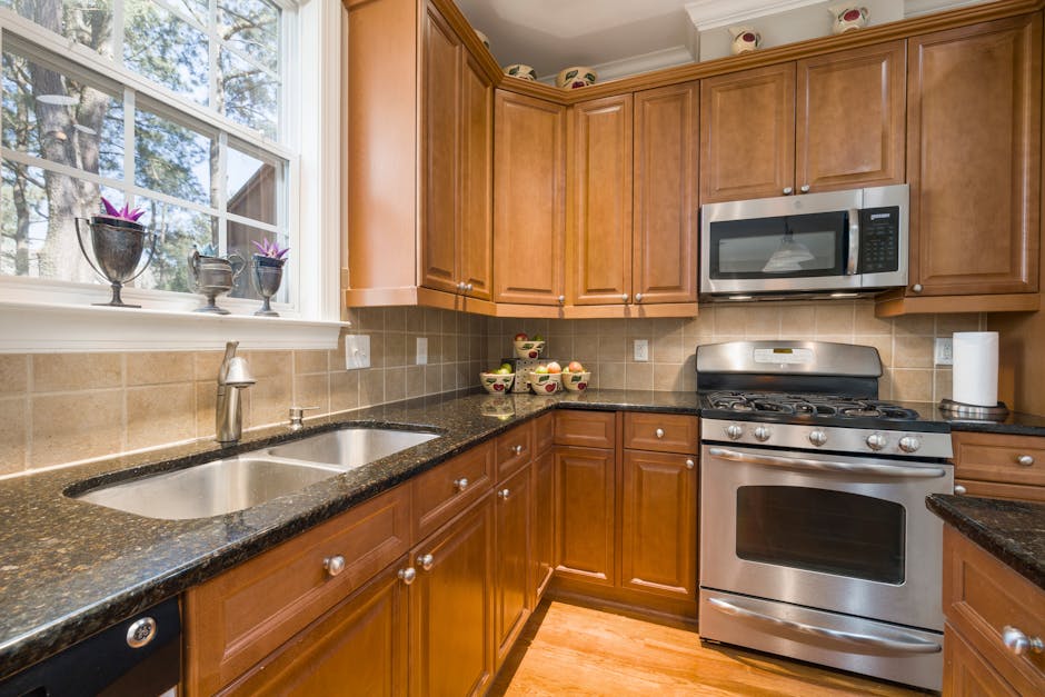 modern wood kitchen with large windows and natural materials
