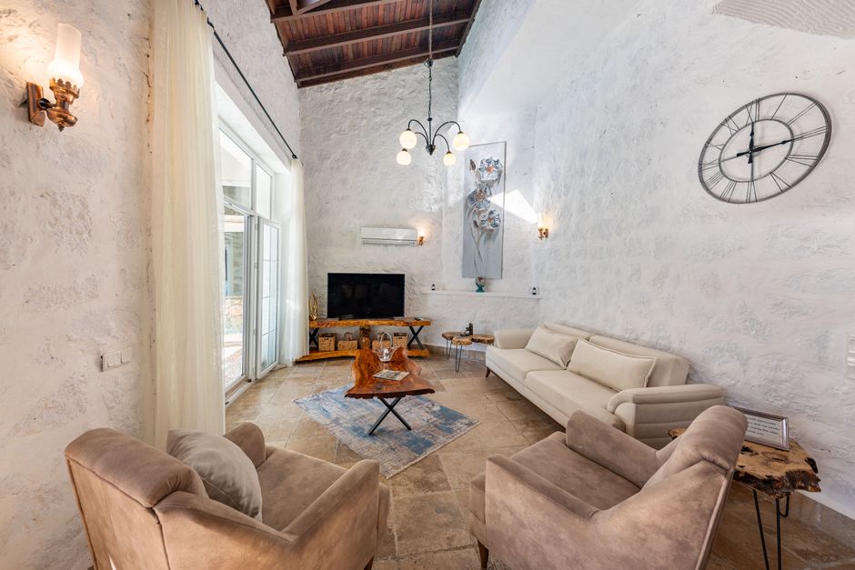 minimalist living room with high ceiling and natural wooden beams