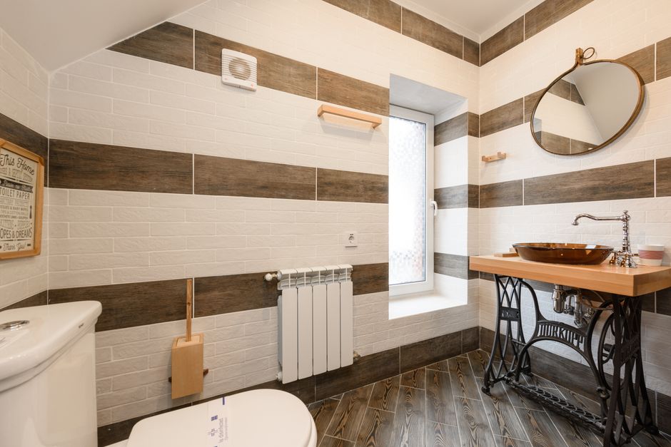 minimalist modern bathroom interior with natural wood elements