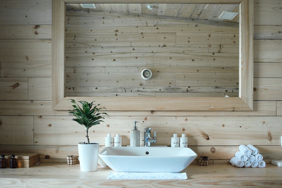 minimalist modern bathroom interior with natural wood vanity