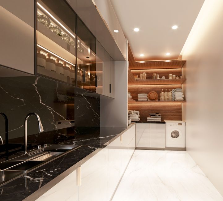 minimalist modern pantry with wooden shelves and natural light