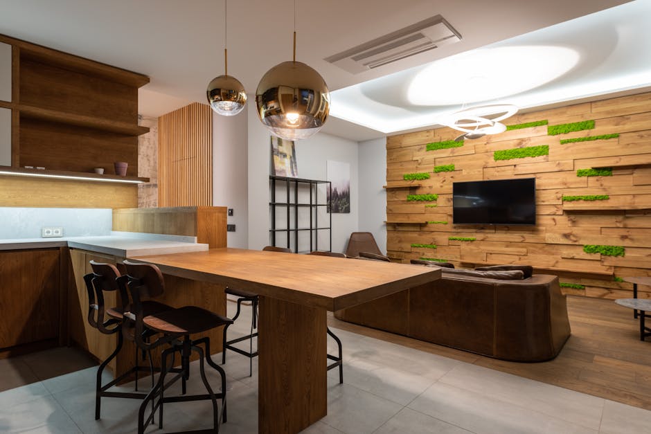 minimalist open plan living dining kitchen with wood accents