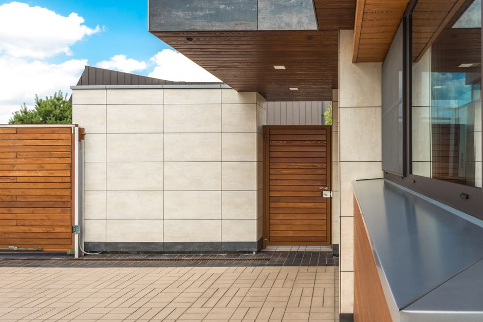 sustainable modern house exterior with wood accents
