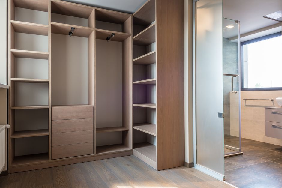 minimalist custom built-in wardrobe with natural wood elements