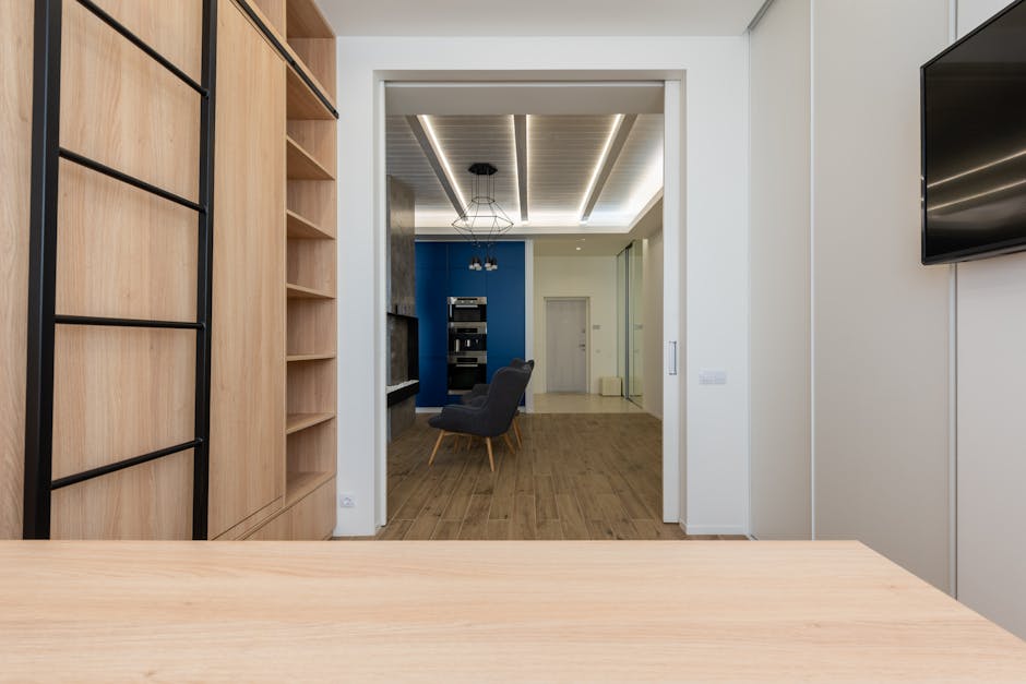 spacious modern home office with wooden desk