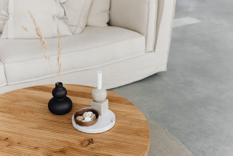 warm minimalist living room wooden elements