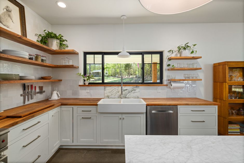 cozy farmhouse kitchen interior with bright natural light and wooden accents