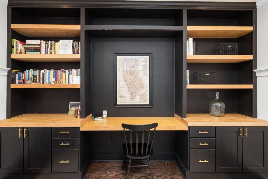custom built-in wooden bookshelves home office