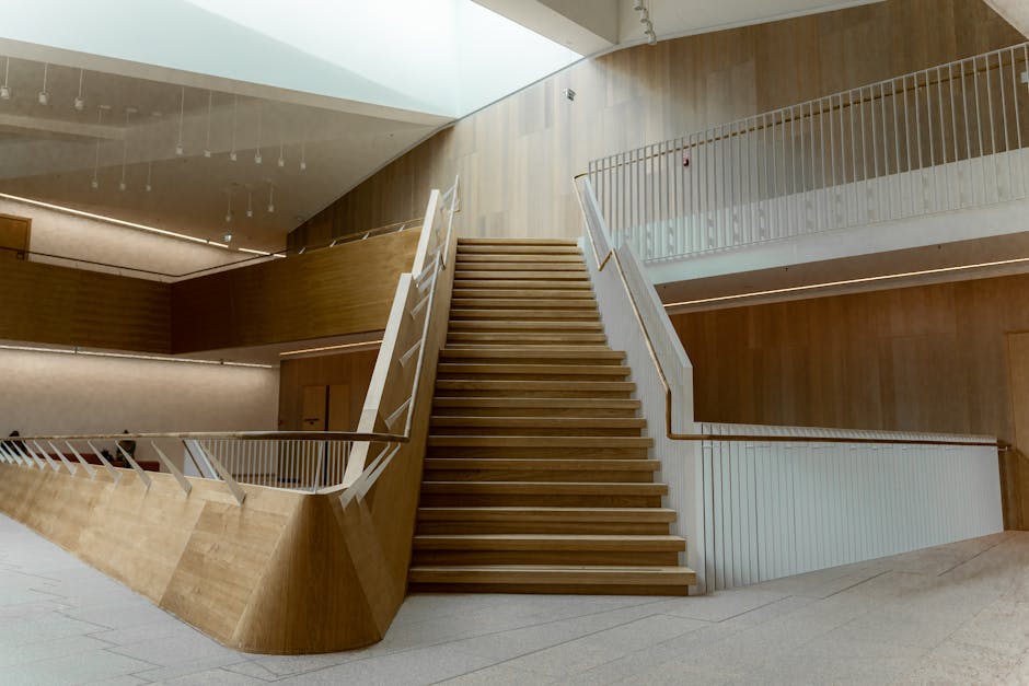 interior detail of wooden staircase and minimalist architecture
