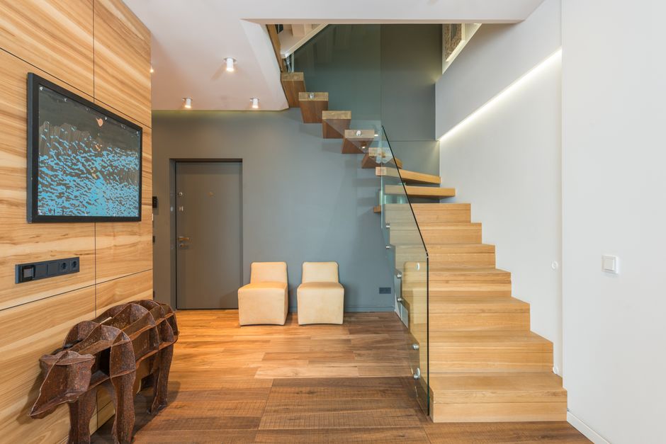interior staircase wood and glass minimal design