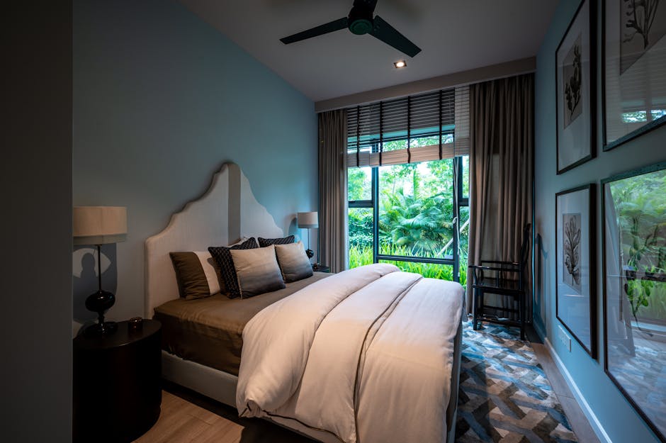 minimalist bedroom interior large window overlooking garden