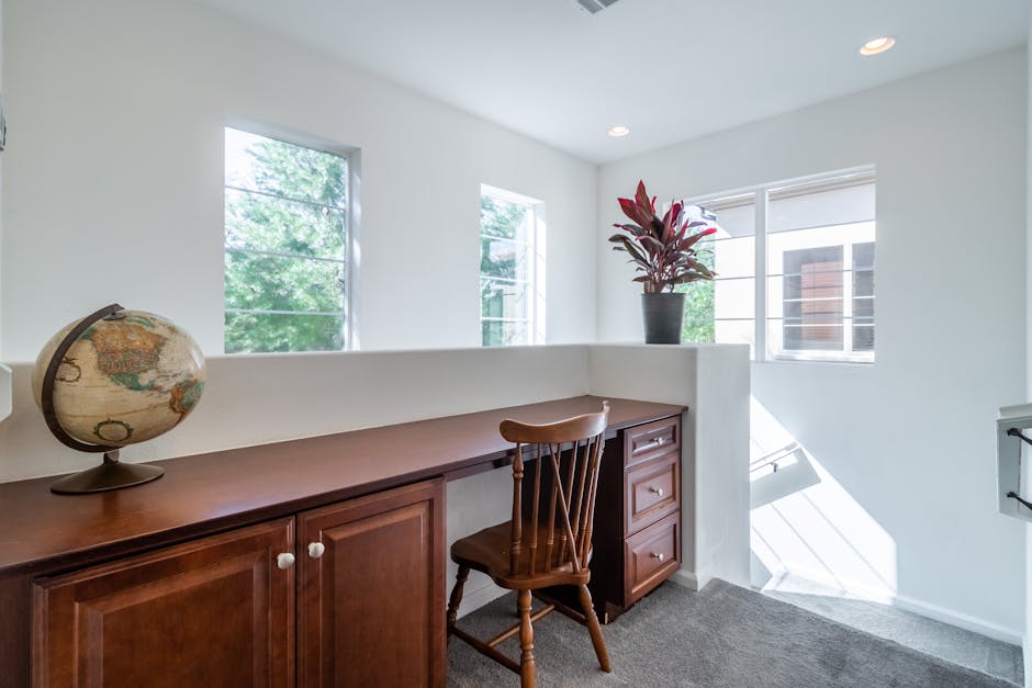 minimalist home office natural light wood desk