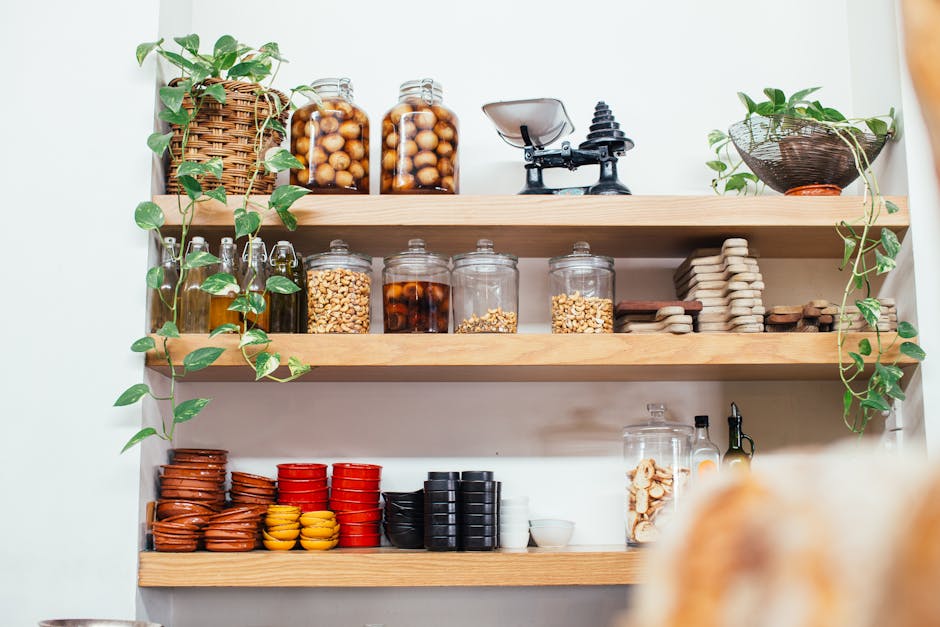 minimalist pantry design wood shelves