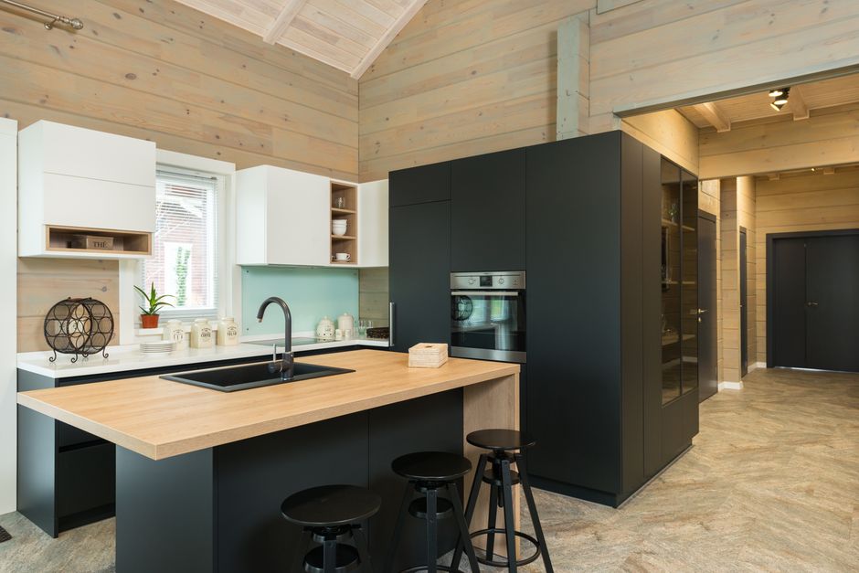modern kitchen with built-in pantry and wooden cabinets