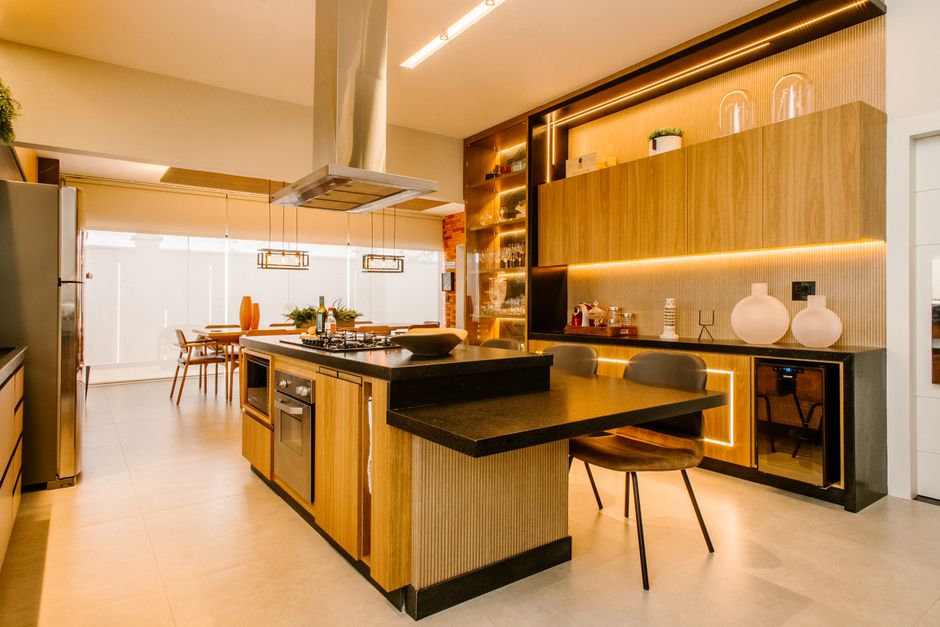 modern wood kitchen cabinet with warm lighting