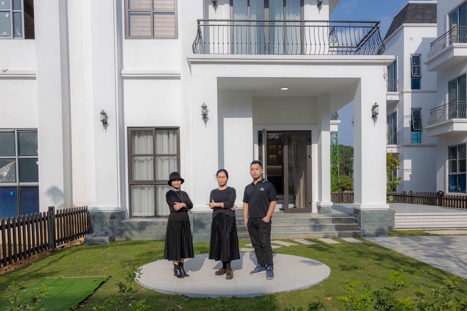 modern minimalist home exterior with family in front